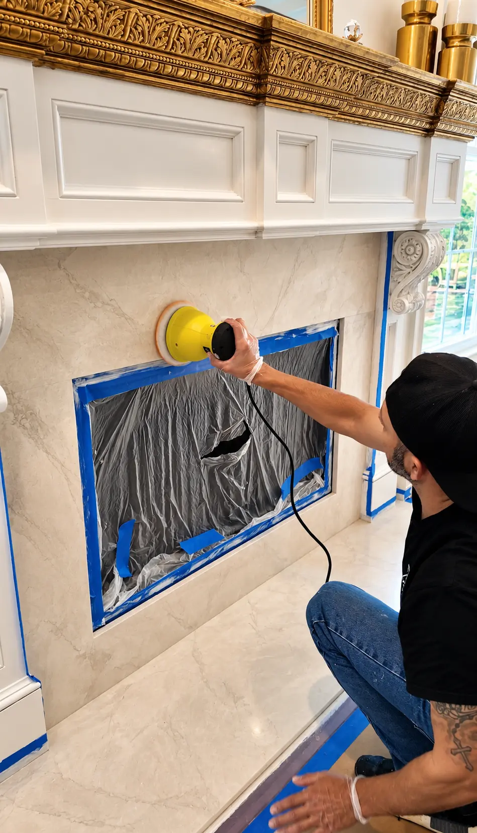 Craftsman sanding a marble fireplace surround prepared for Venetian plaster resurfacing, Franklin Lakes NJ