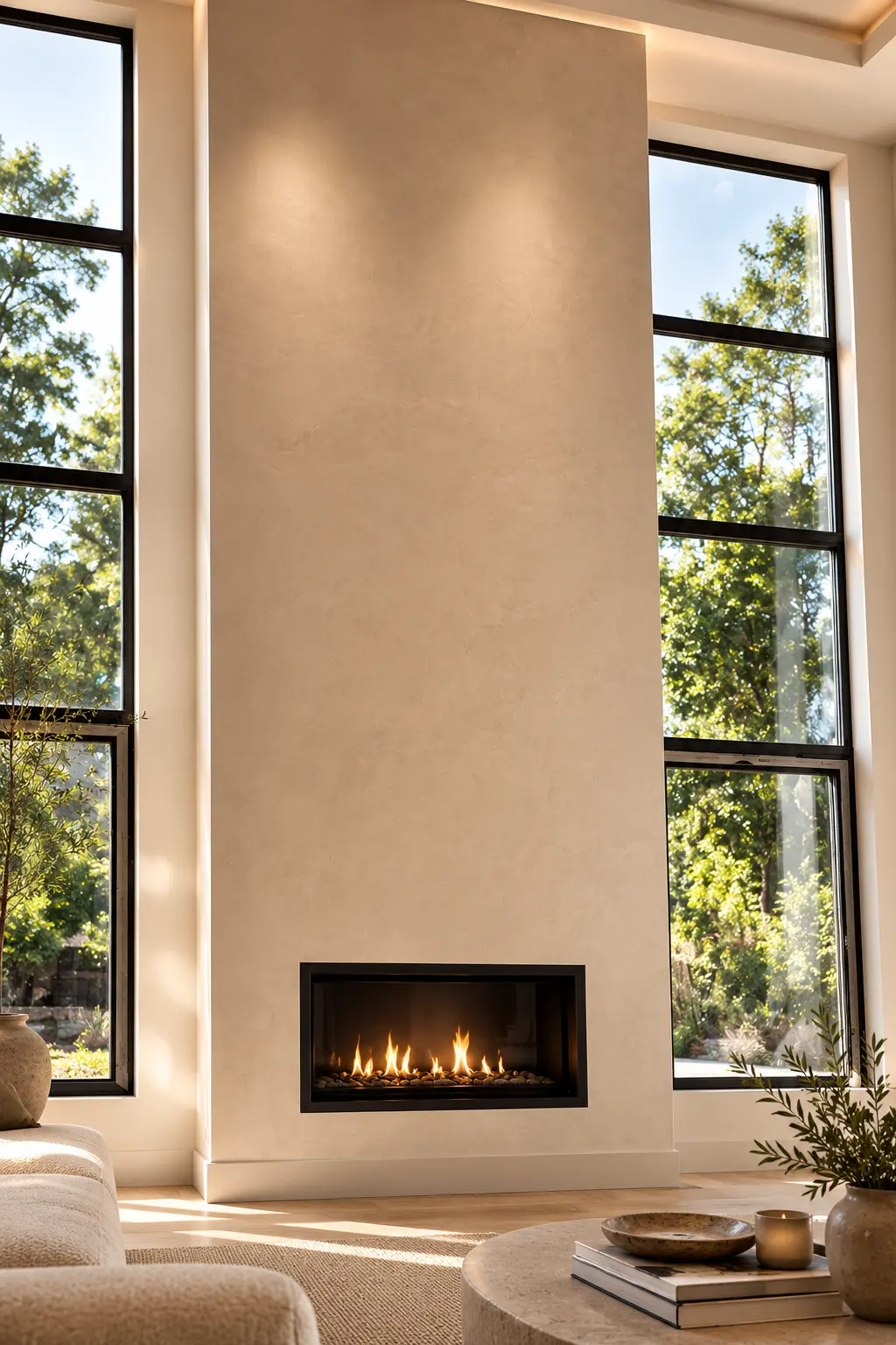Full-height limewash fireplace surround in a Wayne, NJ great room