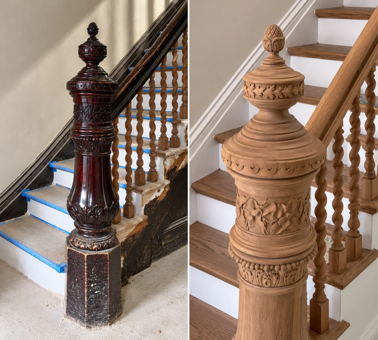 Carved newel post before and after sandblasting and restoration, showing dark worn finish replaced by natural wood grain