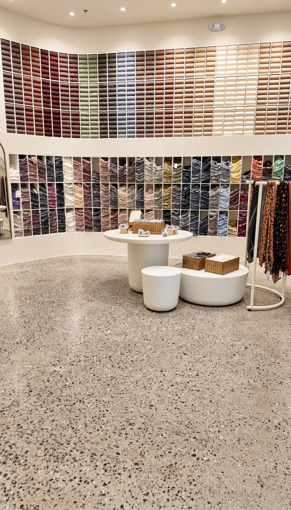 Curved clothing store wall with soft limewash finish above display shelving at Veiled in Clifton, NJ
