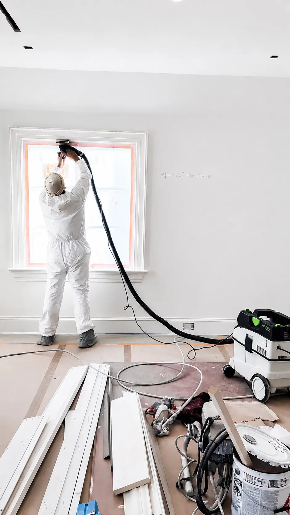 All Time Paint & Plaster painter sanding window trim with vacuum dust extraction