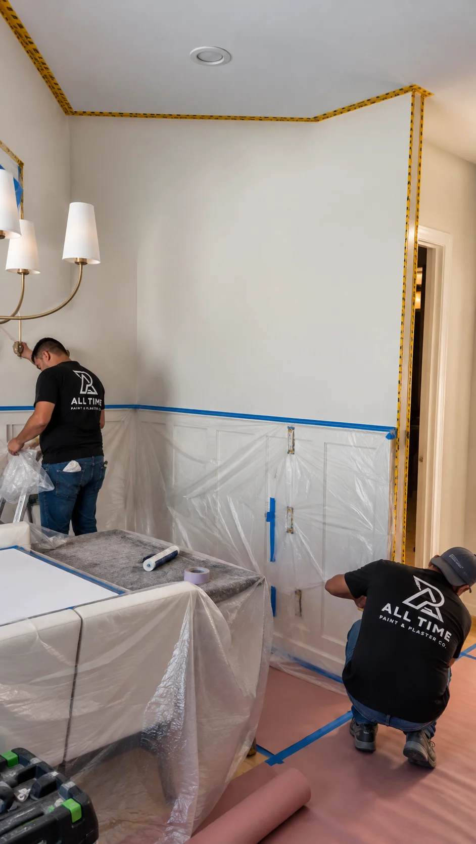 All Time Paint and Plaster crew masking and protecting a Glen Rock NJ dining room before limewashing the walls
