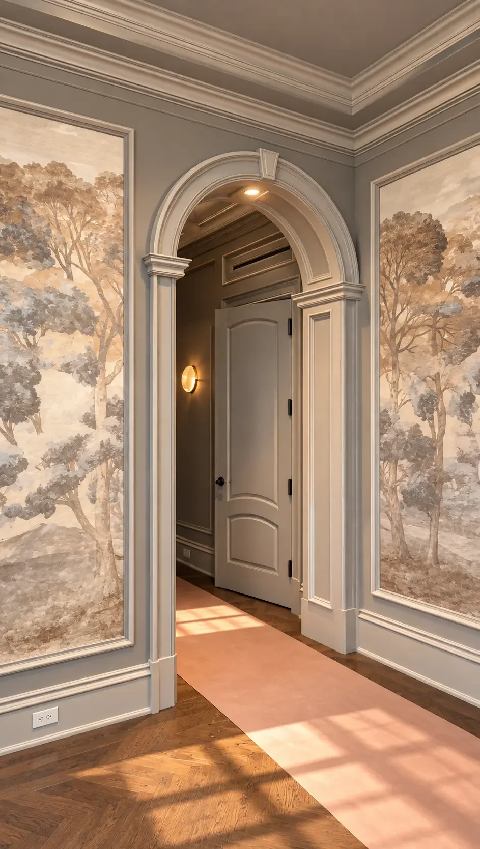 Landscape mural wallpaper panels lining an arched hallway in Alpine, NJ