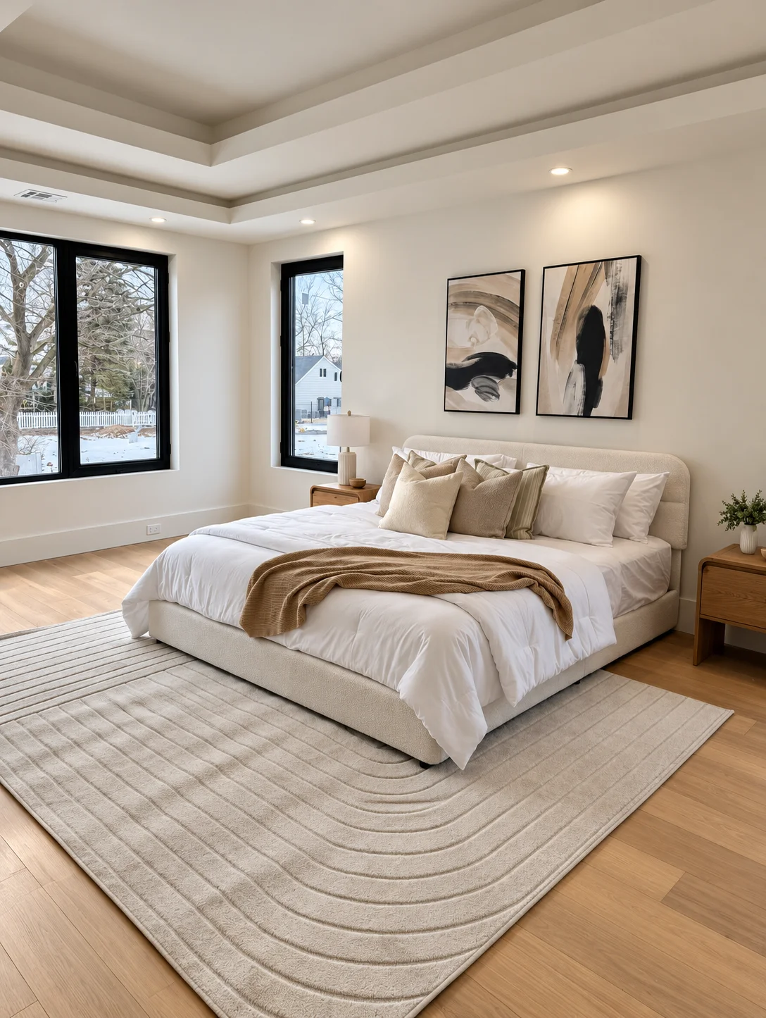 Wide view of the Paramus primary bedroom with coordinated painted walls and tray ceiling beside tall windows