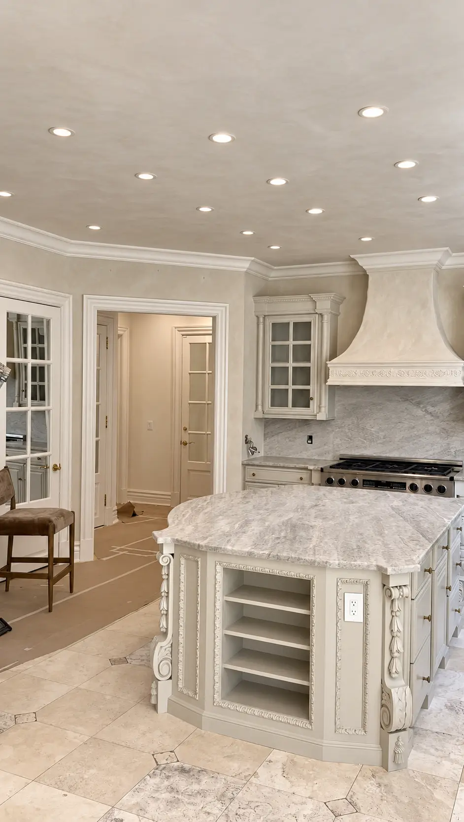 Limewash kitchen walls and ceiling with a hand-finished plaster range hood in a Franklin Lakes, NJ estate home