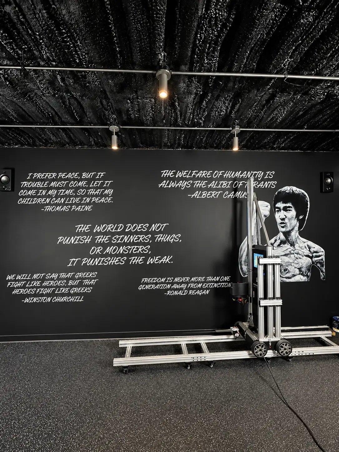 Actual wall-printing project with martial-arts artwork and lettering, printer and floor rails visible