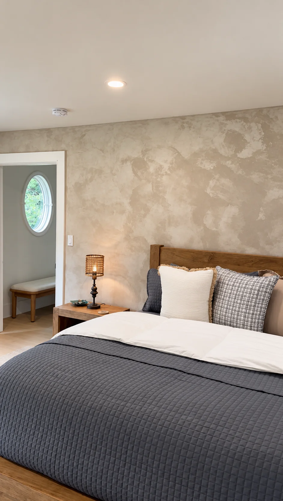 Finished textured bedroom accent wall behind the bed, with the doorway and round window visible — Ridgewood, NJ