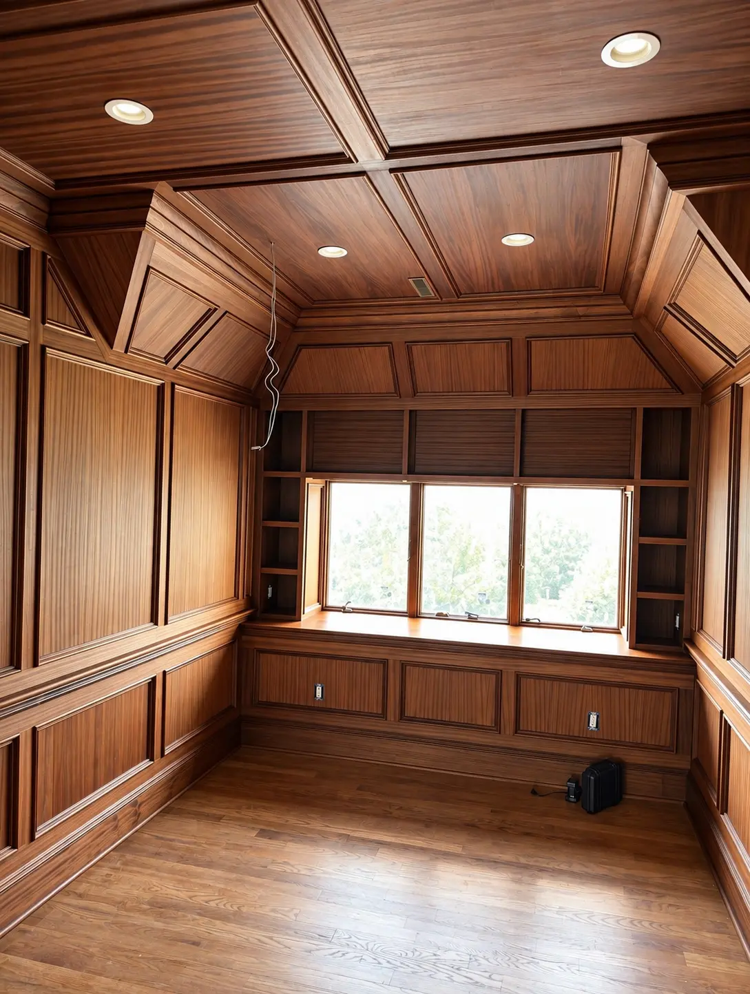 Finished walnut library with paneled walls, ceiling and built-in window seat
