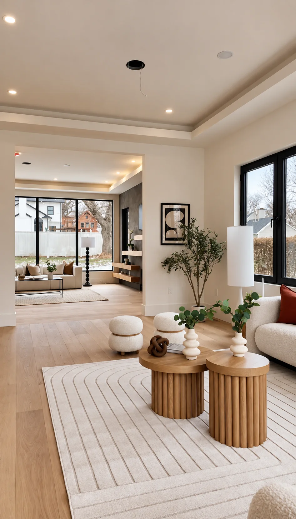 Painted ceiling and walls connecting the sitting area and open-plan living room in Paramus, NJ