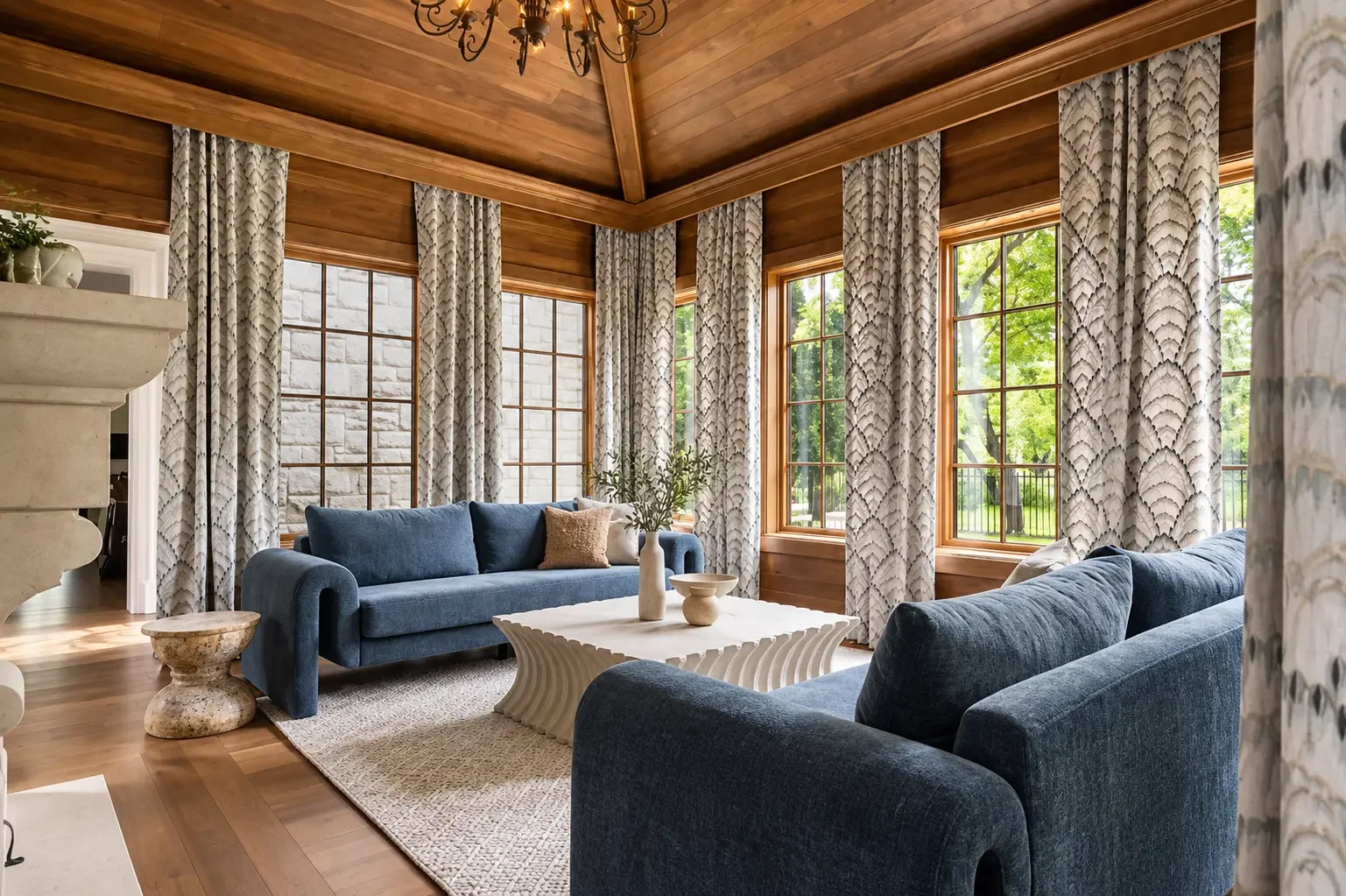 Completed walnut-paneled living room in a newly built Haworth, NJ home