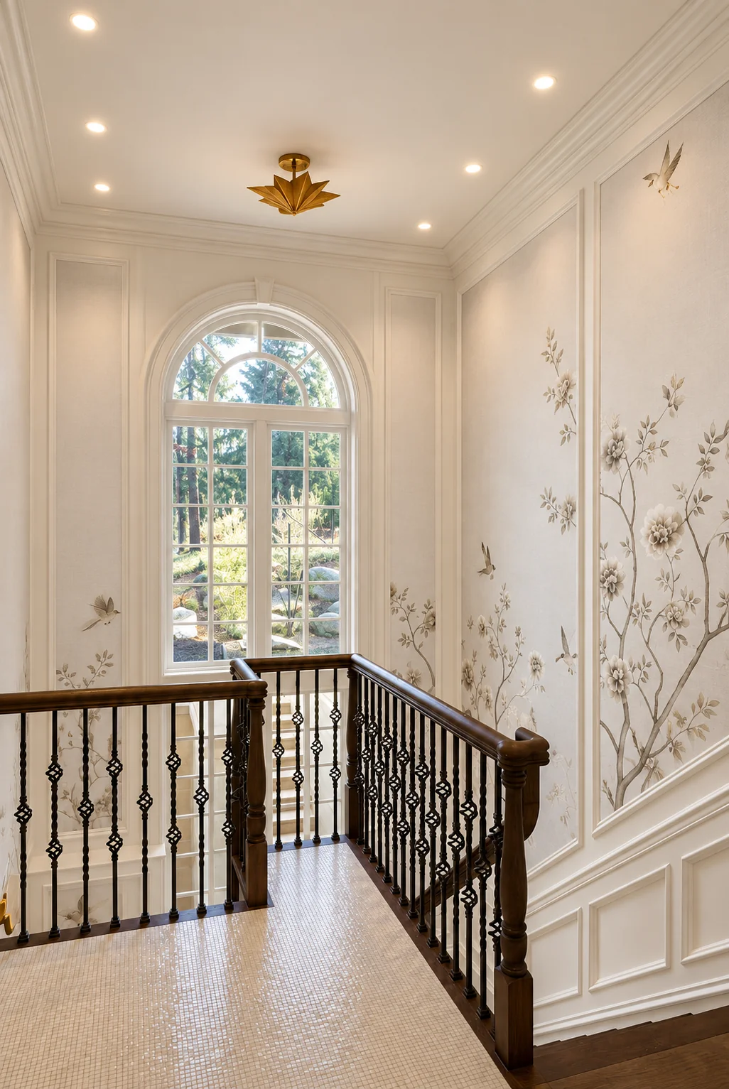 Stair landing with a dark wood handrail beneath an arched window