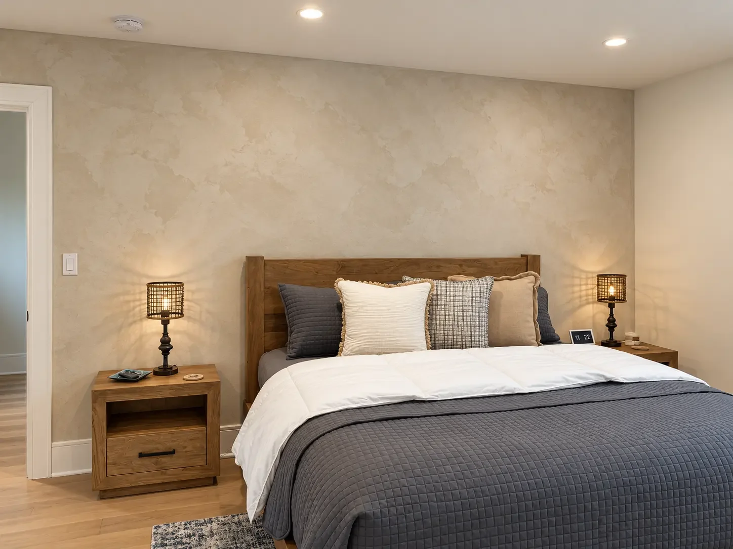 Finished Meoded Firenze sand finish wall in Overcast behind a wooden bed and rattan bedside lamps — Ridgewood, NJ