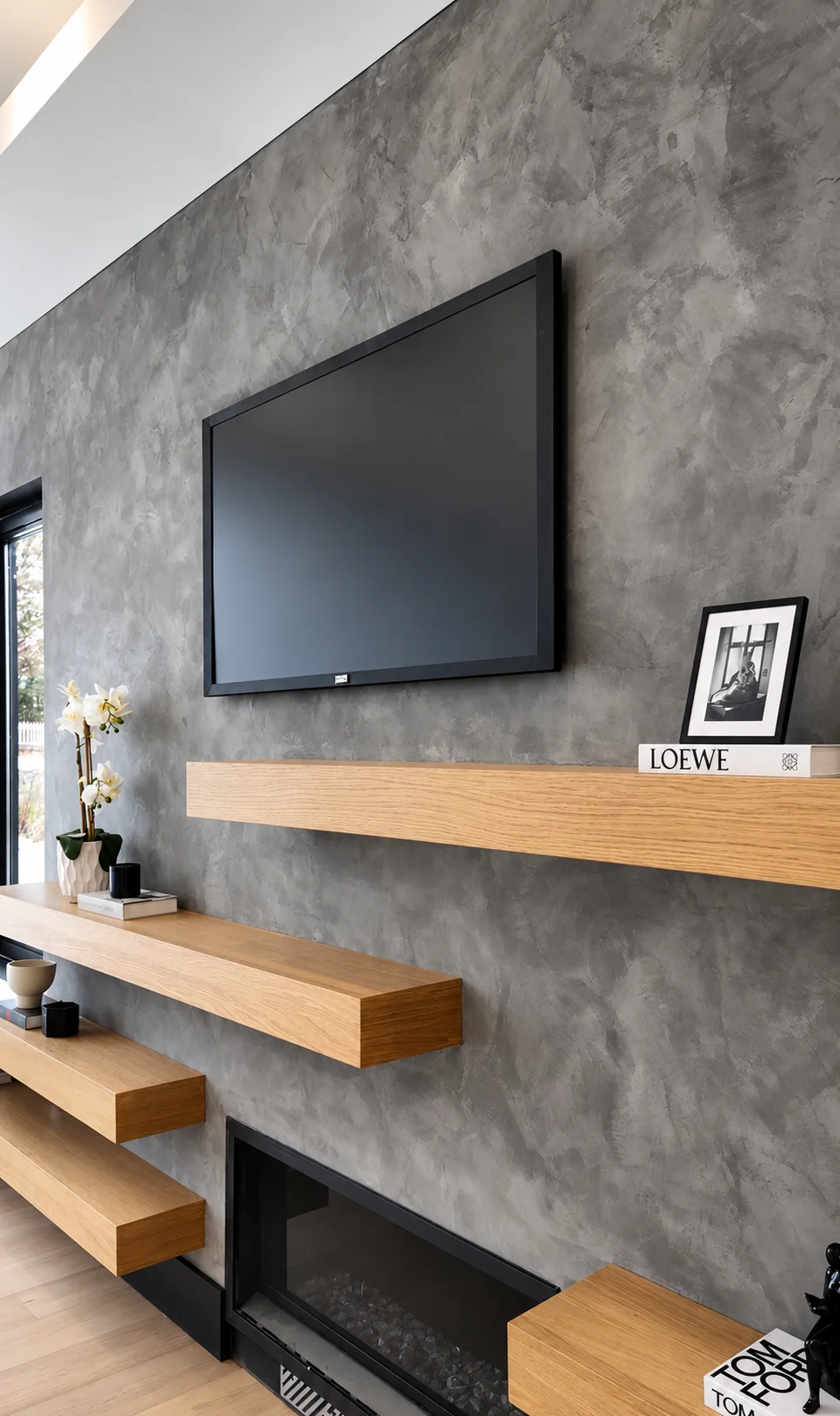 Close view of hand-applied gray Venetian plaster around the fireplace and floating wood shelves in Paramus, NJ