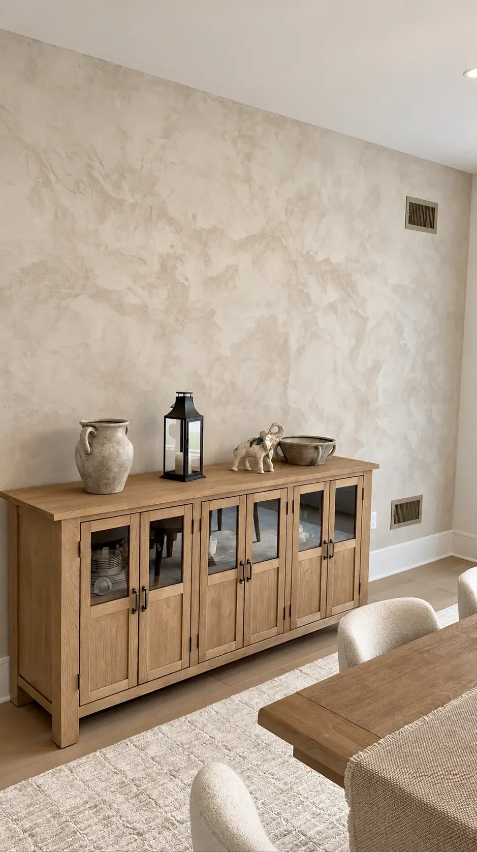 Hand-troweled sandy movement across the finished dining room wall behind a wooden sideboard — Ridgewood, NJ