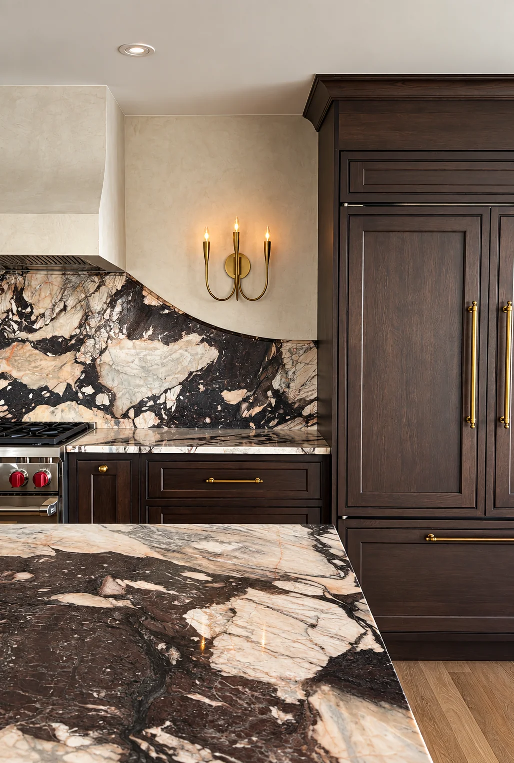 Hand-trowelled plaster hood and backsplash wall with brass sconce beside dark walnut cabinetry and dramatic marble counters in Hawthorne, NJ