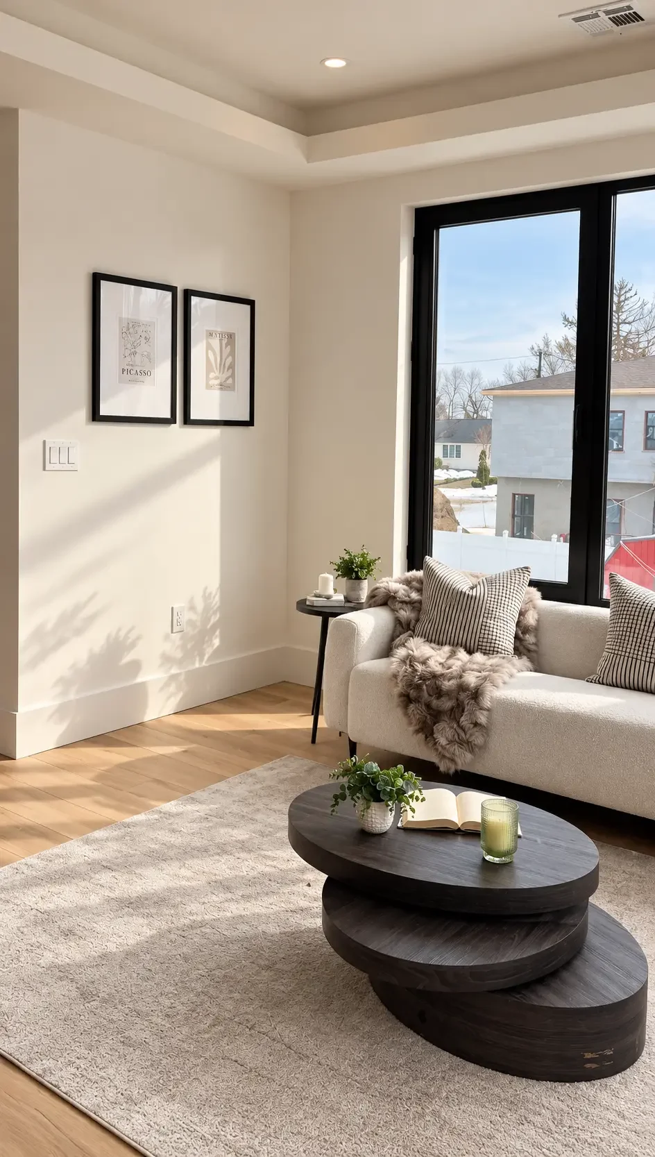 Bedroom sitting area with painted walls, tray ceiling and black-framed window in Paramus
