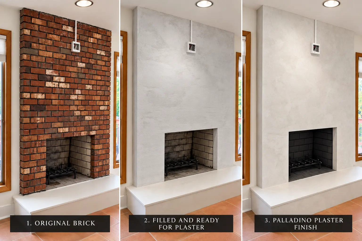 Before and after brick to Palladino plaster fireplace transformation in Wayne NJ: original brick, filled and ready for plaster, Palladino plaster finish
