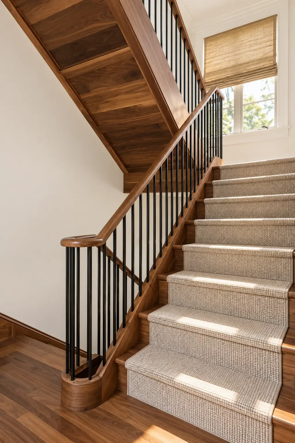 Walnut staircase stringer and handrail with black balusters in Haworth, NJ