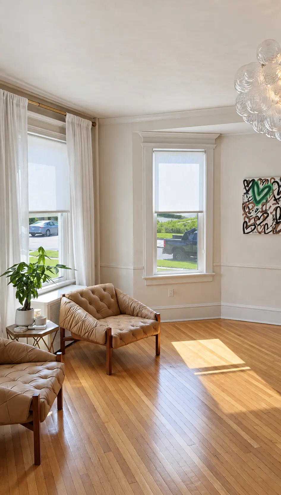 Bright living room finished with a soft neutral limewash that adds subtle movement to the walls