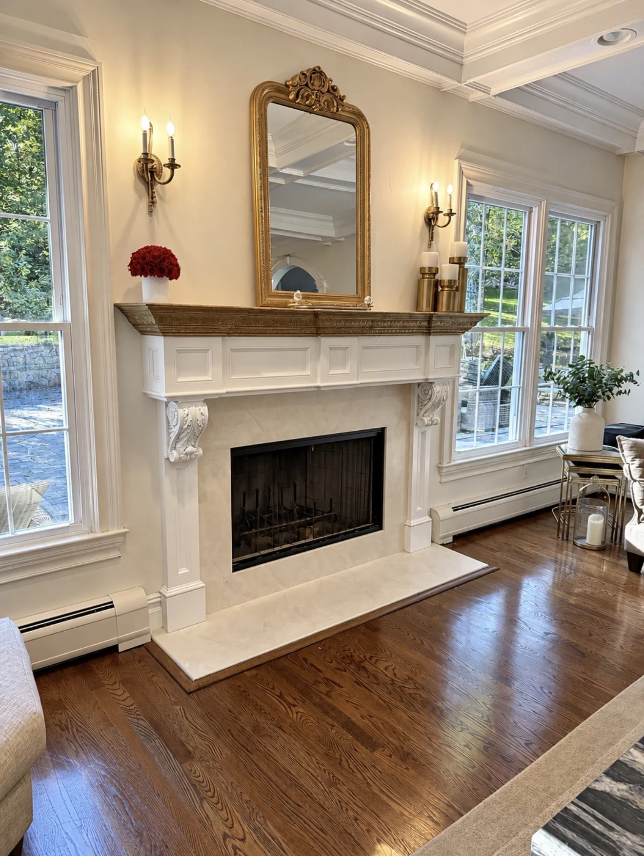 Marble fireplace resurfaced with Meoded Palladino stone-finish plaster in Franklin Lakes, NJ