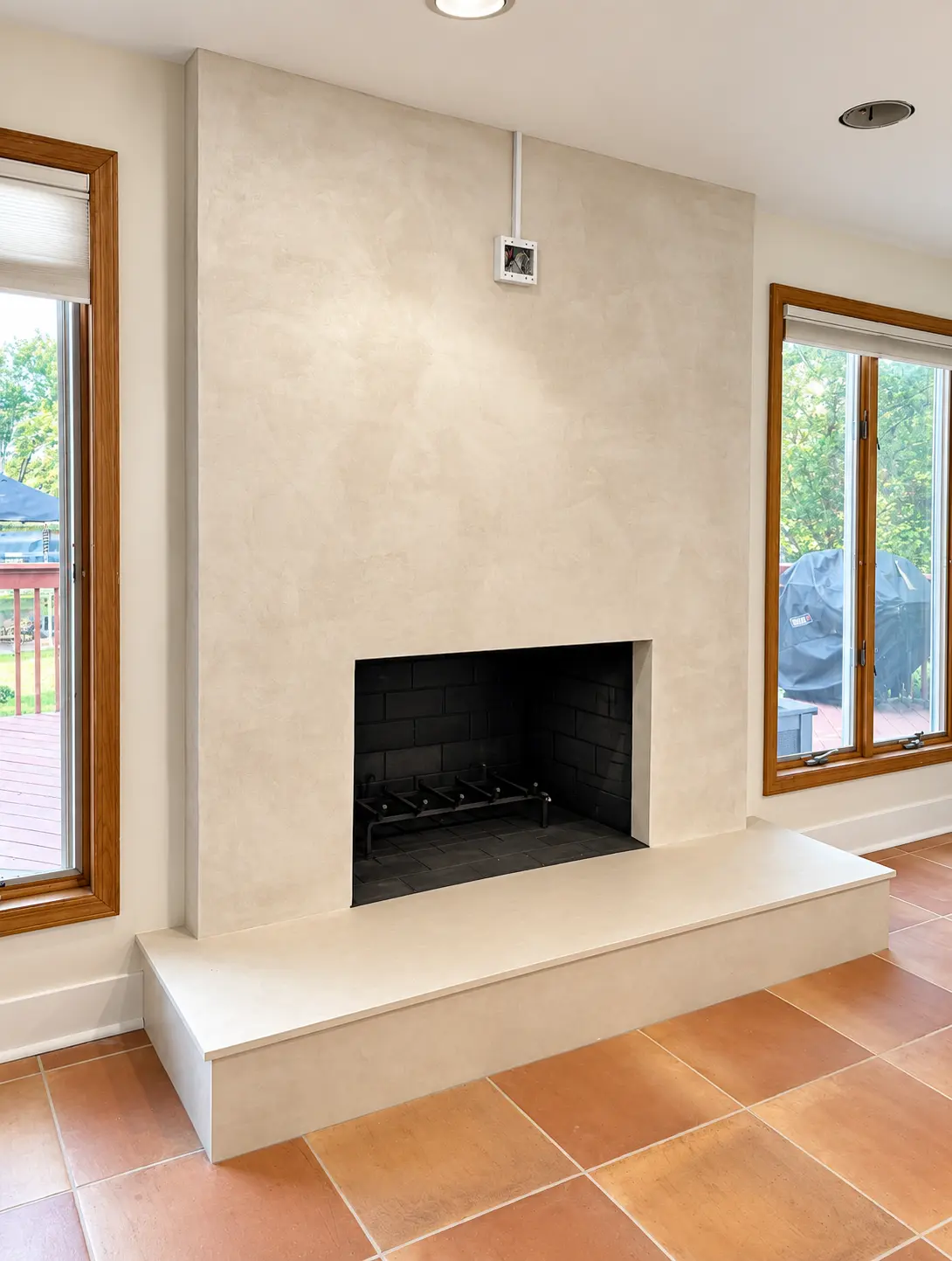 Completed Palladino plaster fireplace in Wayne New Jersey, left angle