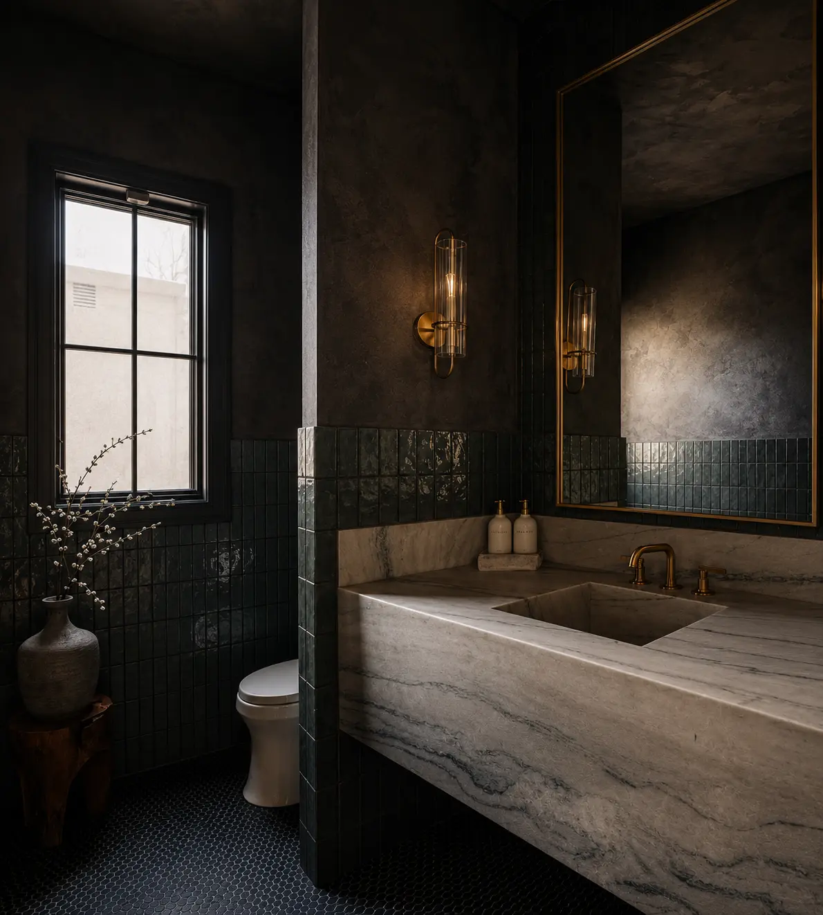Dark limewash powder room walls above green tile in a Glen Rock, NJ home