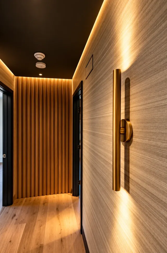 Grasscloth wallcovering with a clean vertical seam and trimmed edges beside a brass wall sconce in a finished hallway