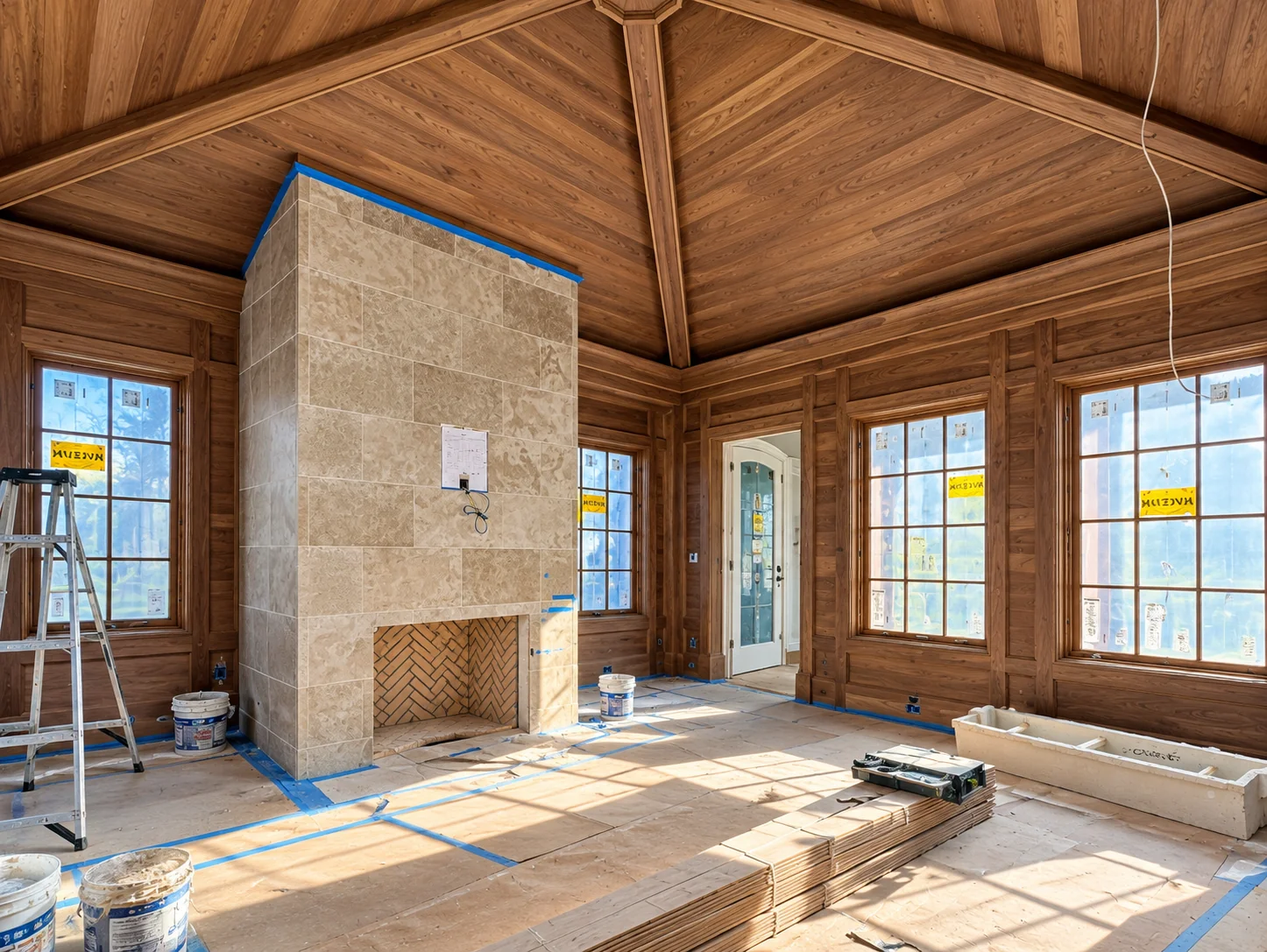 Vaulted walnut fireplace room during construction and painting preparation in Haworth NJ