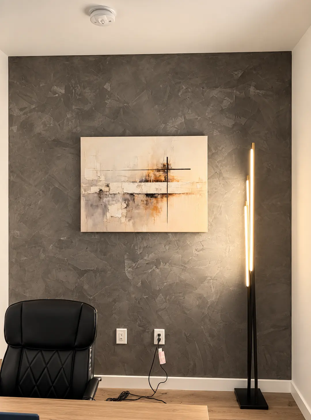 Grey Venetian plaster accent wall in a finished home office, North Jersey