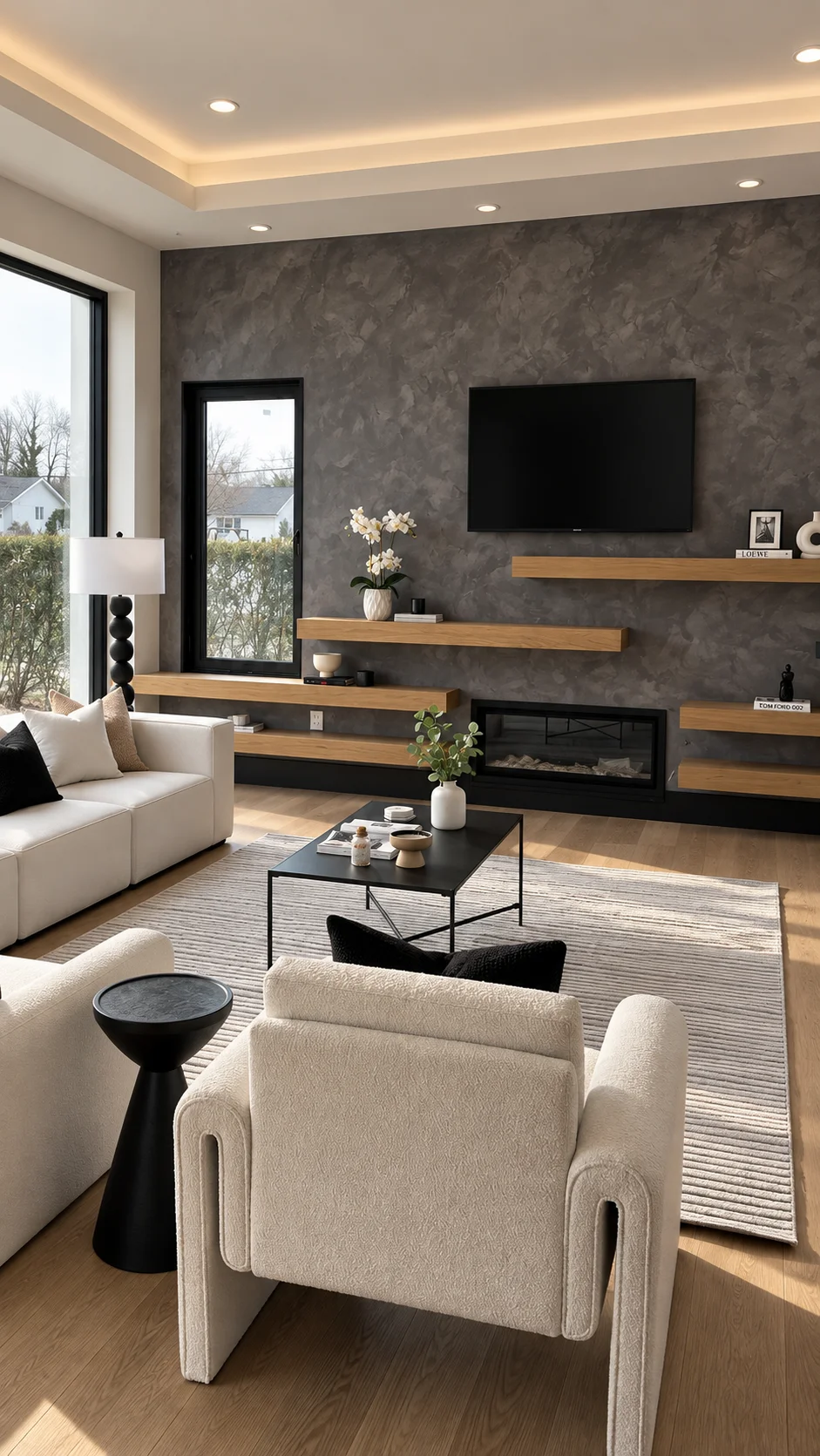 Front view of the gray Venetian plaster fireplace wall with television, wood shelving and cream seating in Paramus
