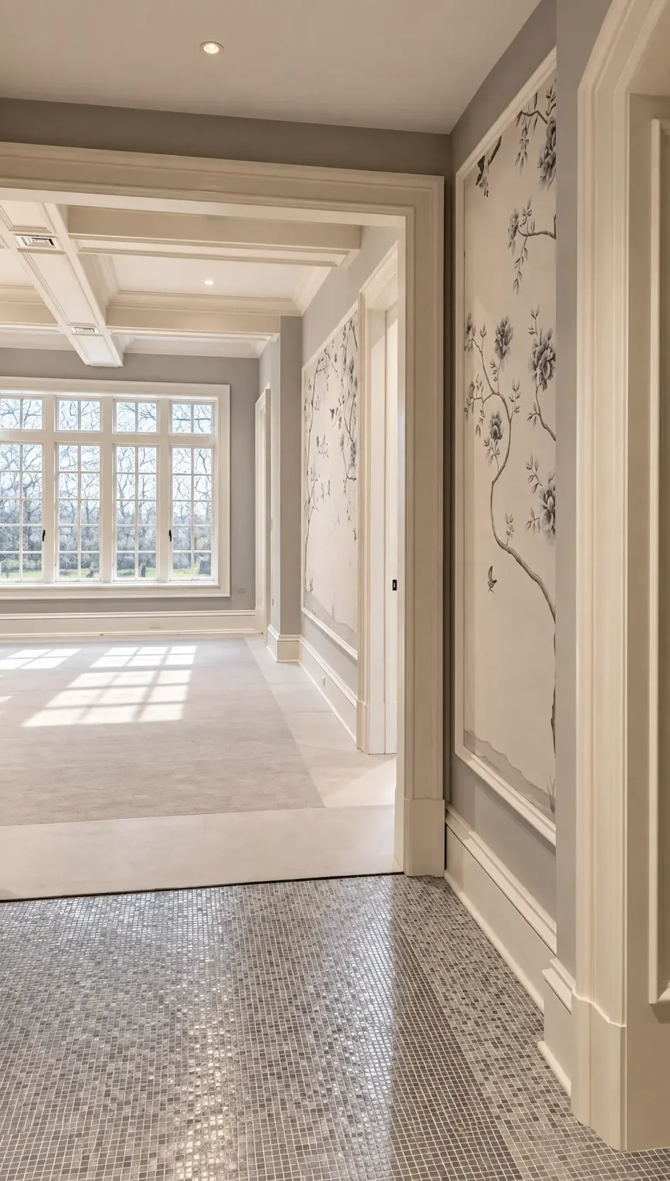 Hand-painted floral wallpaper panels framed in molding beside a mosaic floor in Alpine, NJ
