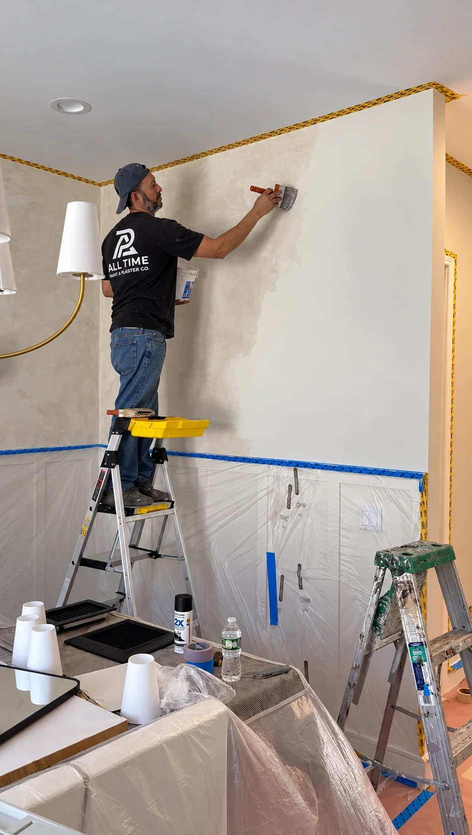 Brushing limewash along the upper dining room wall line above taped white wainscoting in Glen Rock NJ