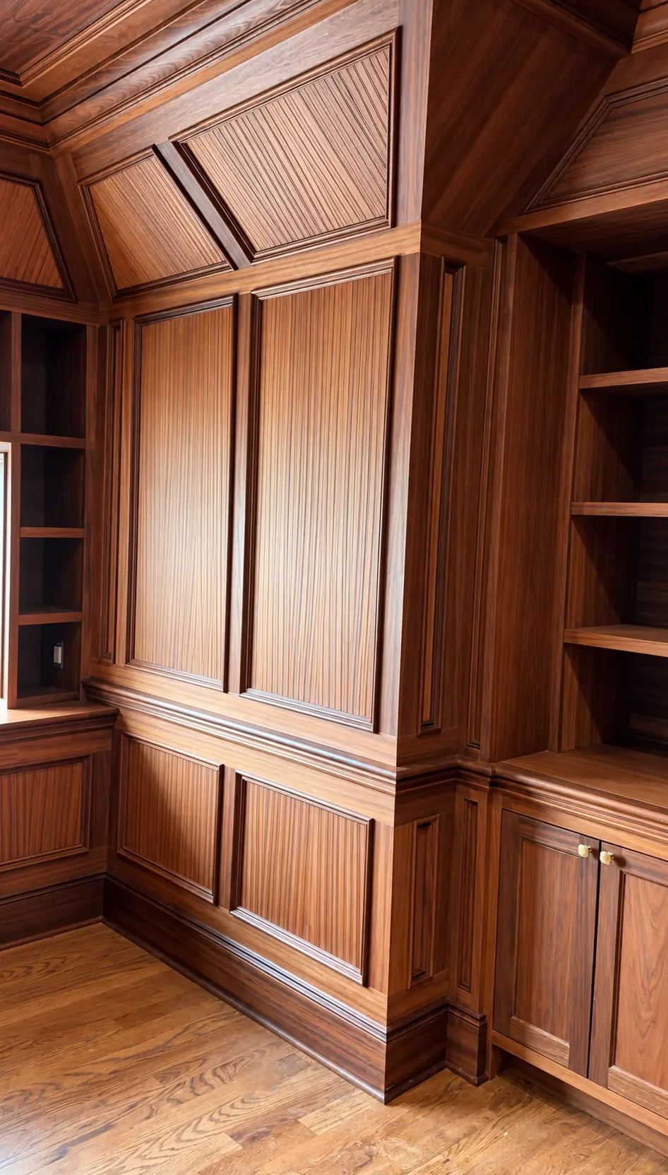 Finished walnut-paneled study with detailed millwork and built-in shelving