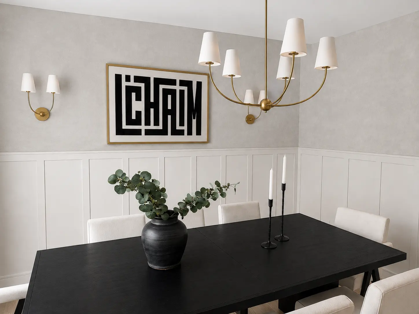 Limewash walls above wainscoting in a Glen Rock, NJ dining room