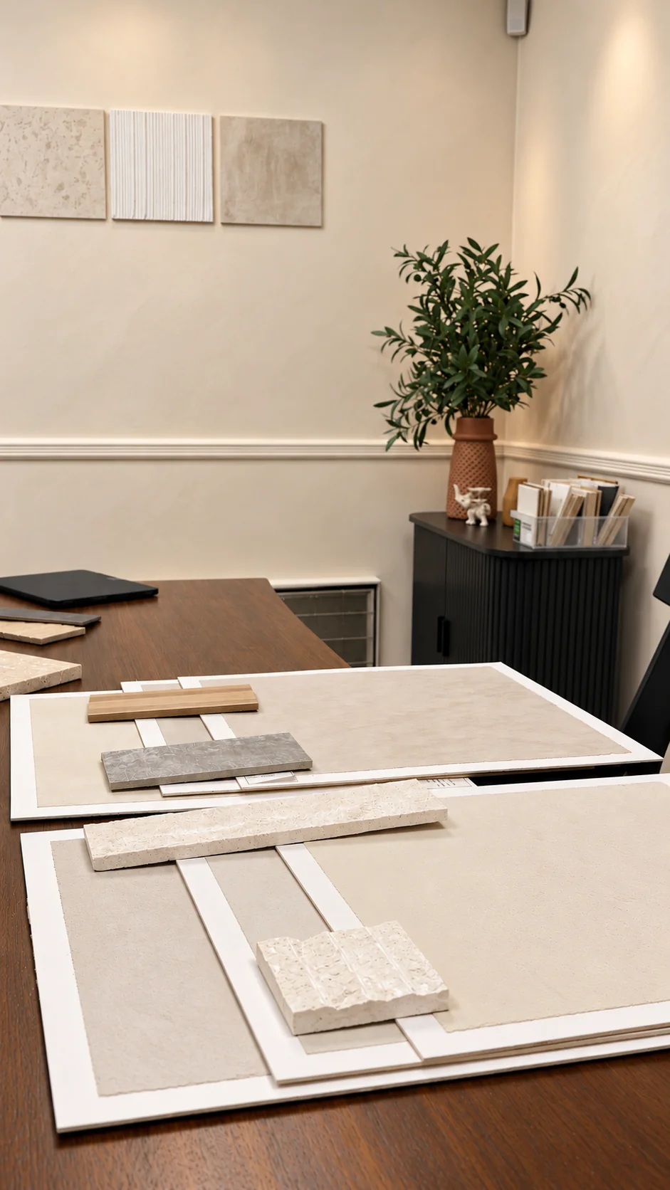 Hand-finished plaster sample boards with wood, stone and textured pieces laid out on a walnut consultation table, with wall-mounted plaster samples and an olive tree in the All Time Paint & Plaster Co. finish studio at 1581 Route 23 S, Suite 1, Wayne, NJ 07470