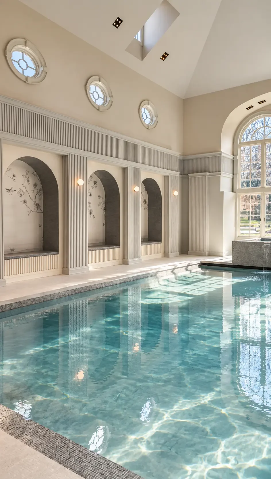 Indoor pool with wallpapered arched niches in an Alpine, NJ estate