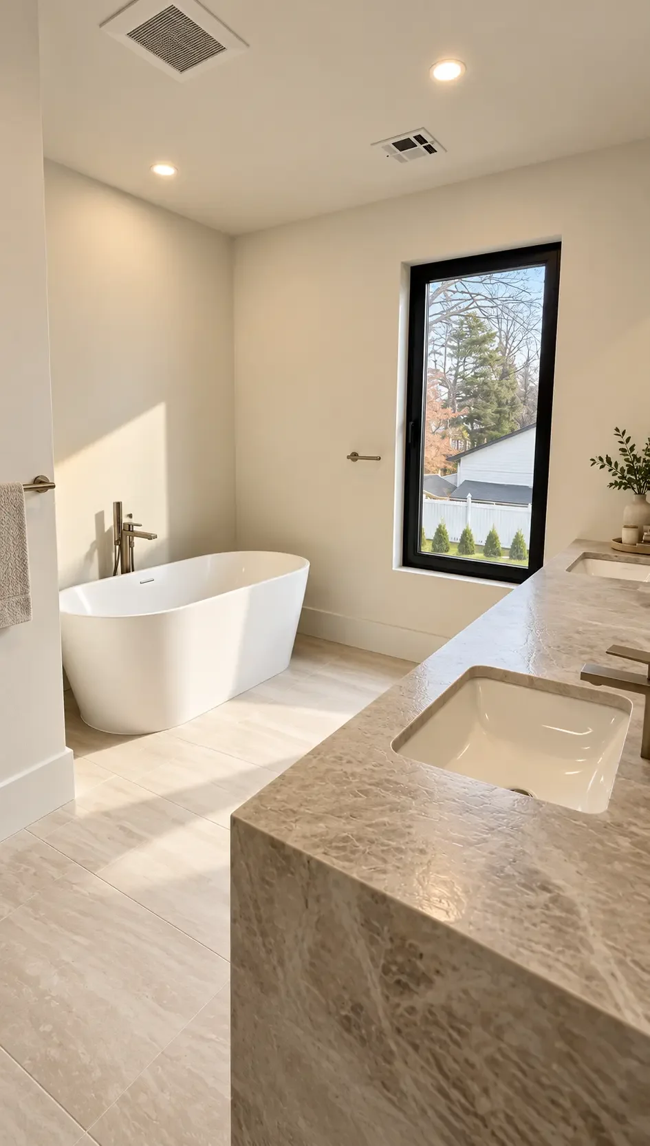 Freestanding bathtub beside a tall black-framed window in a Paramus bathroom