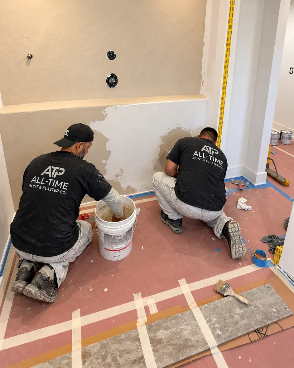 All Time Paint & Plaster crew applying decorative plaster in a New Jersey bathroom