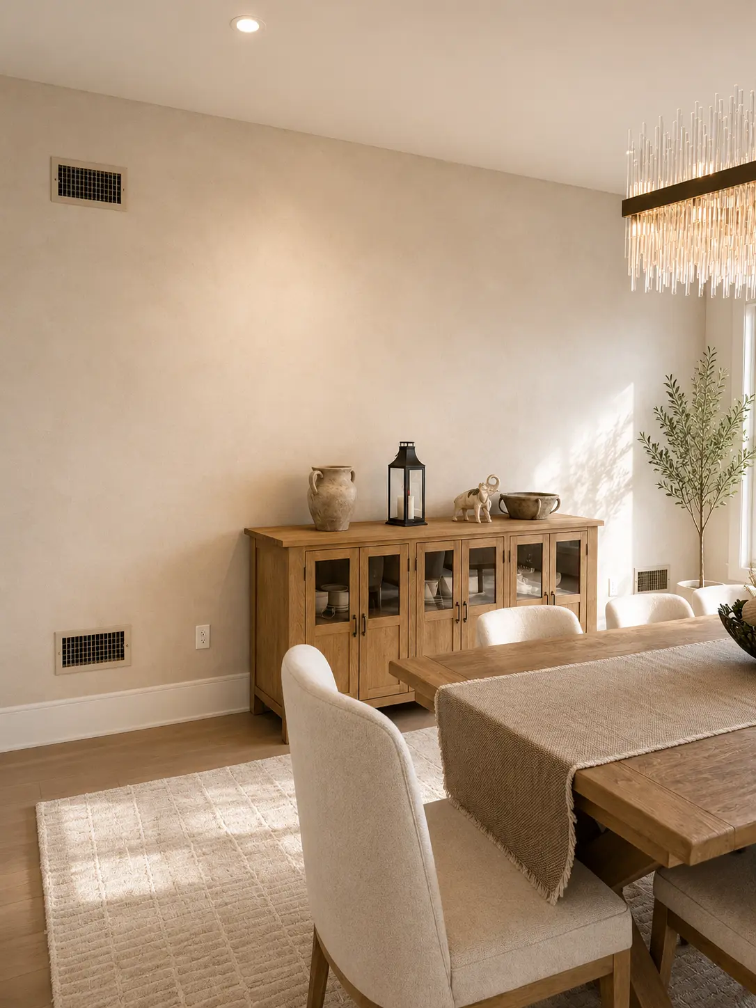 Sunlit dining room with limewash walls and an oak sideboard in Wayne, NJ