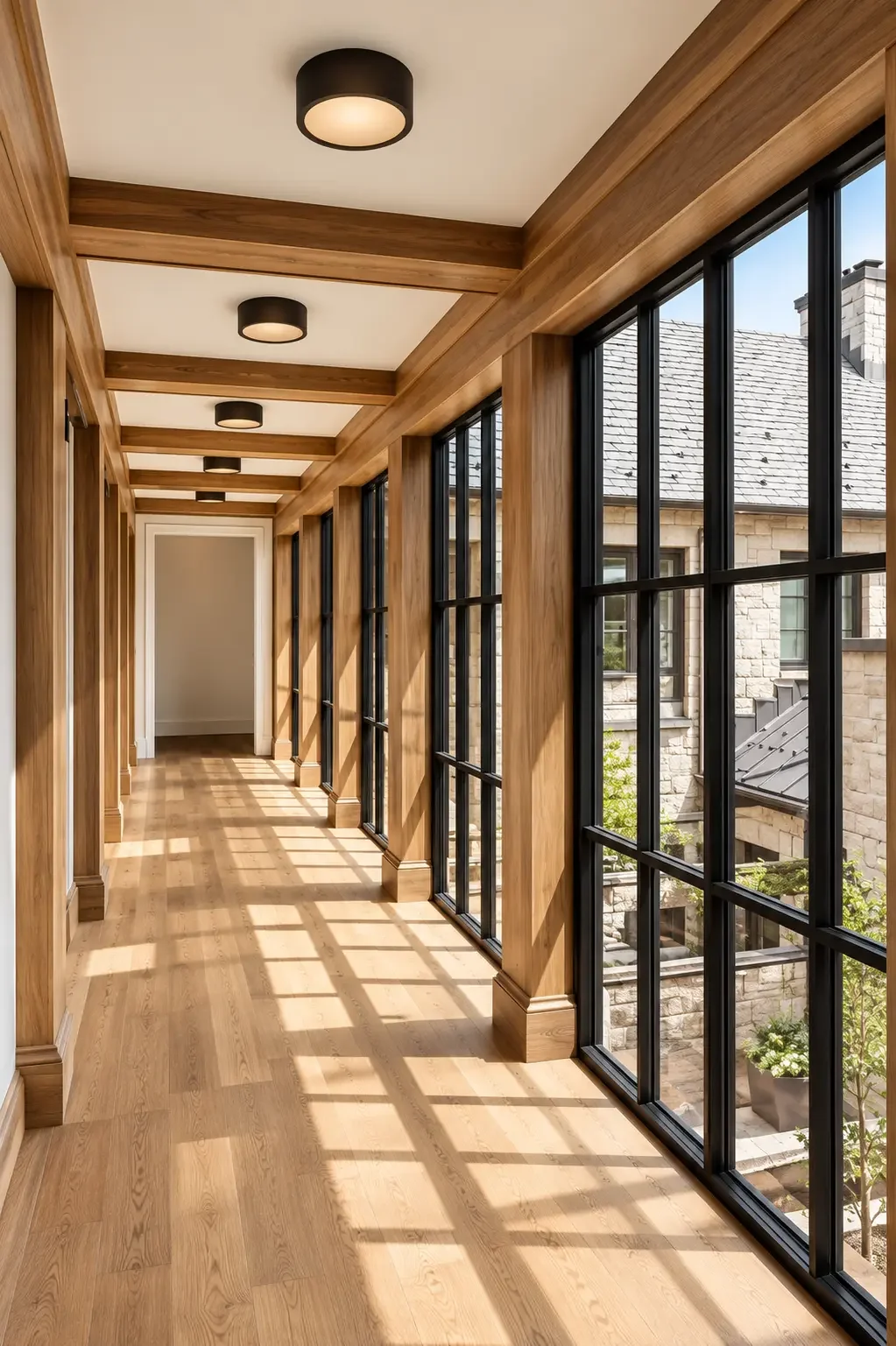 Window corridor framed in walnut beams, posts and trim