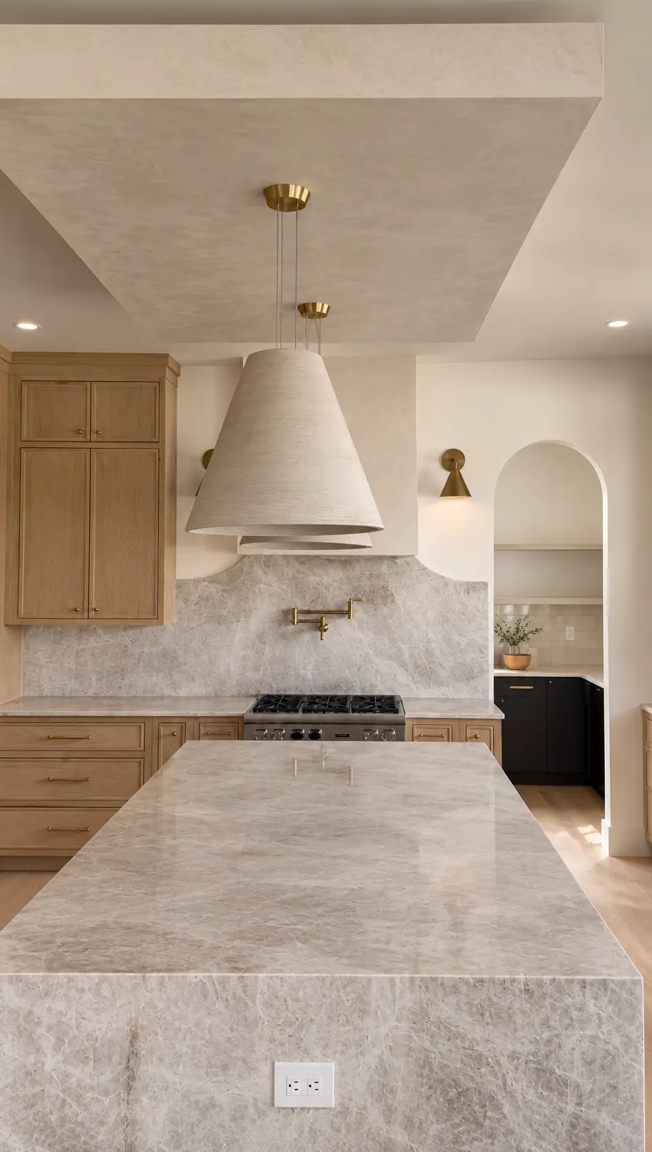 Textured plaster ceiling and range hood detail in a Wayne, NJ kitchen