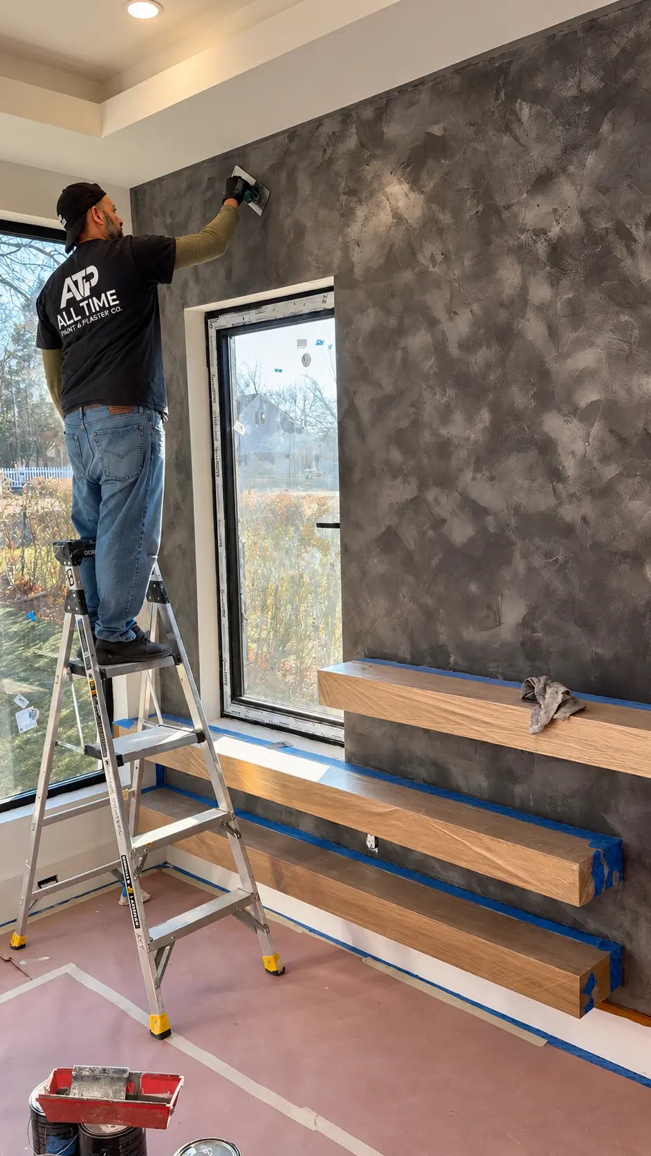 All Time Paint & Plaster craftsman hand-applying Venetian plaster to an interior accent wall in North Jersey