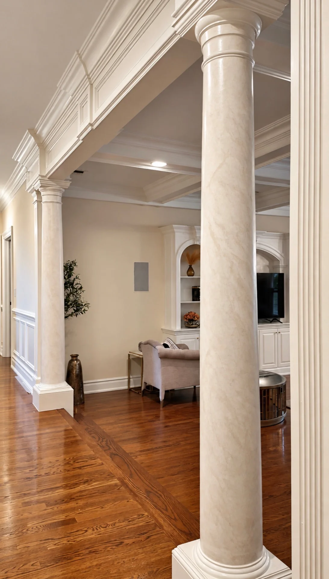 Foyer columns refinished in Venetian plaster in a Franklin Lakes NJ home