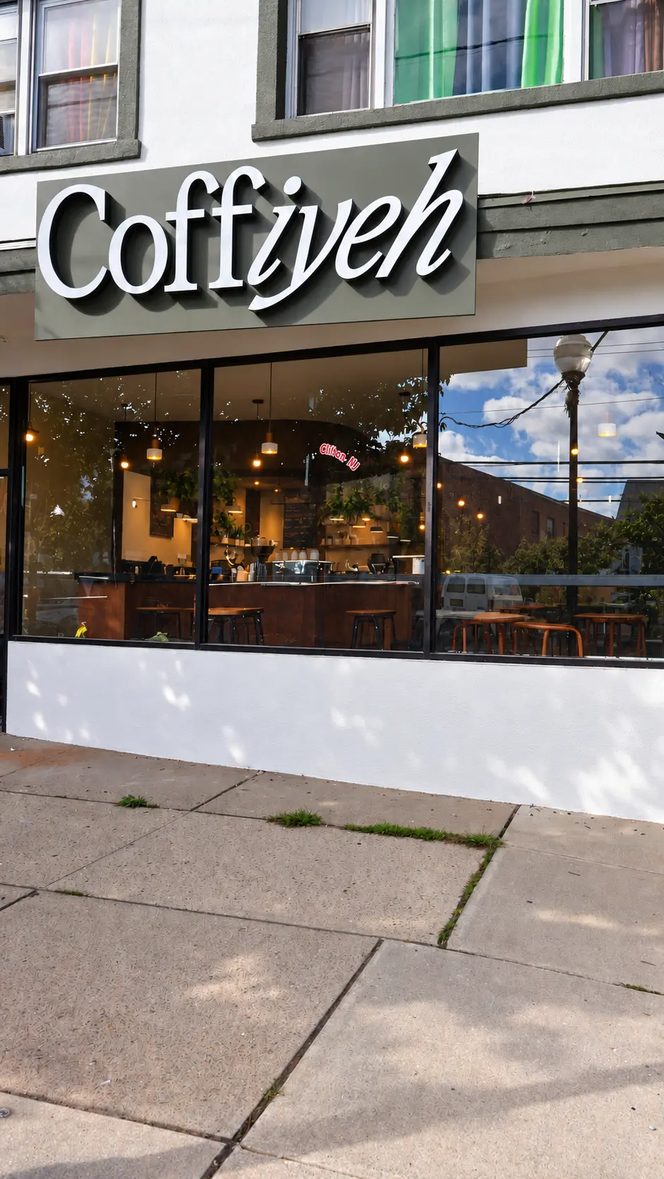 Coffiyeh coffee shop sign and front windows showing the finished interior, Clifton, NJ