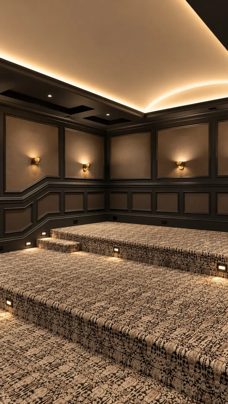 Media room with dark painted paneling and fabric wall panels in Alpine, NJ