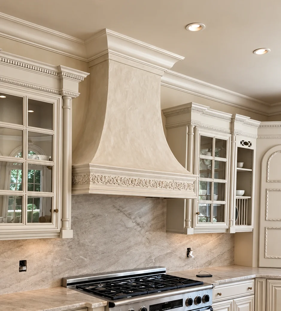 Limewash finish on a curved plaster range hood above a marble backsplash in Franklin Lakes, NJ