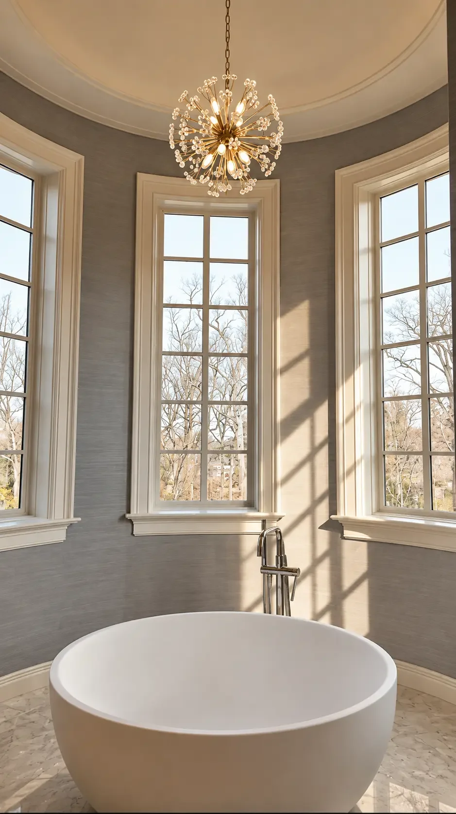 Round bathroom with grasscloth wallpaper and freestanding tub in Alpine, NJ