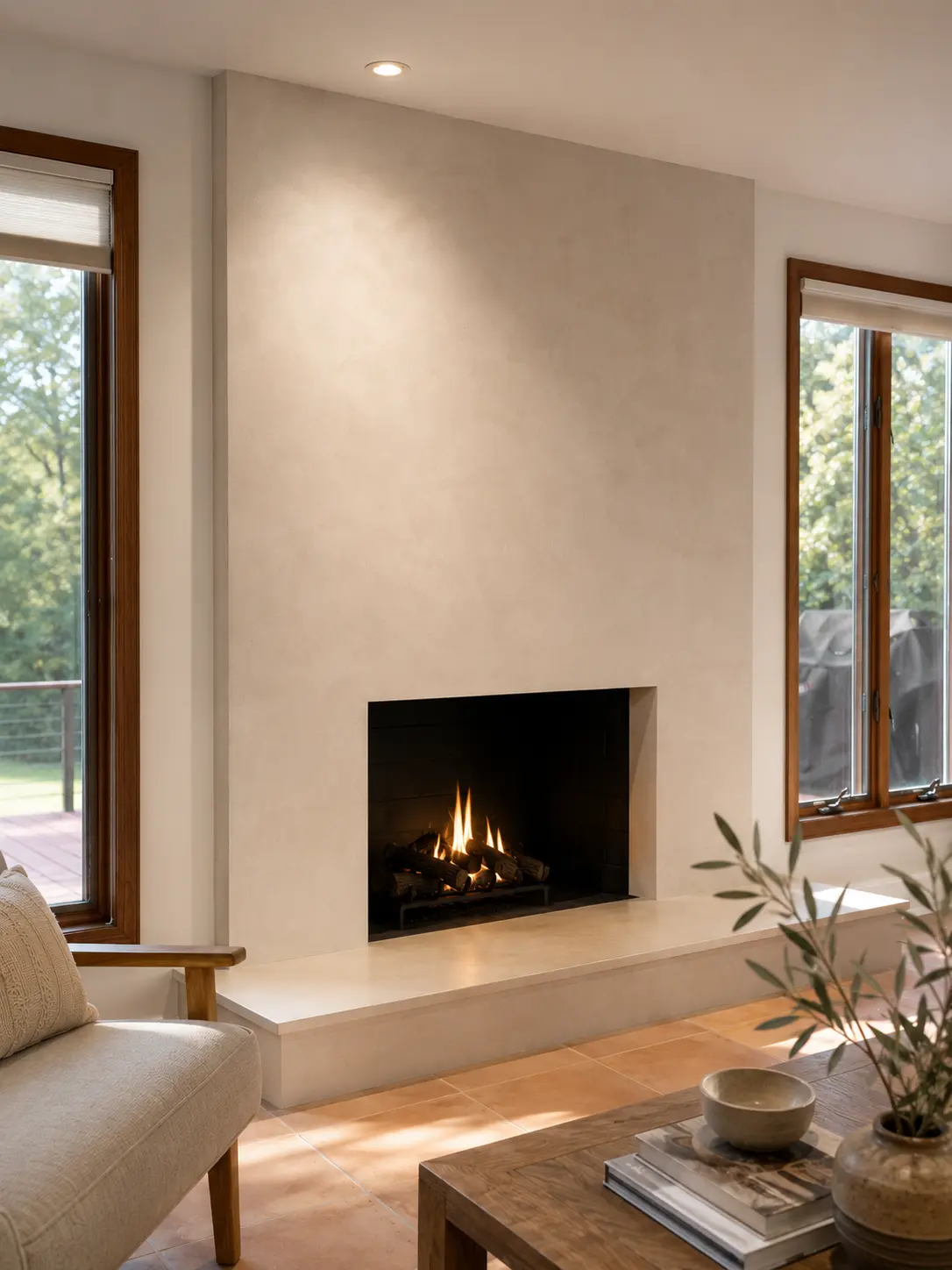 Palladino plaster applied over a brick fireplace with a plaster hearth bench in a Wayne, NJ living room