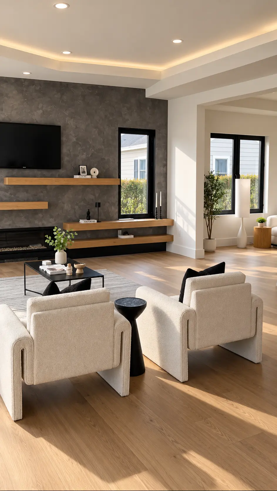 Venetian plaster feature wall in an open-concept North Jersey living space