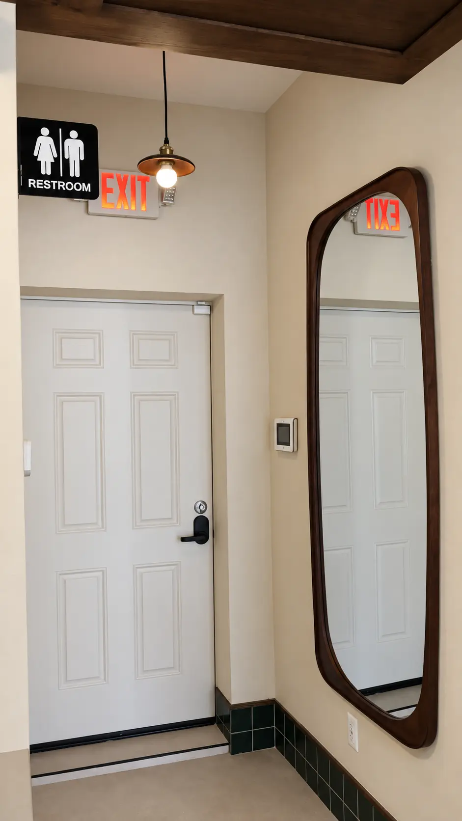Limewash restroom hallway with walnut-framed mirror and green tile base at Coffiyeh, Clifton, NJ